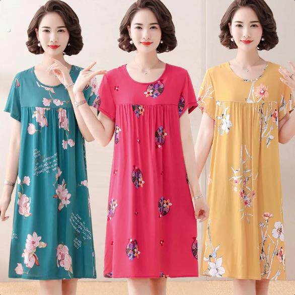 夏季女士休闲宽松棉绸睡裙睡衣家居服短袖连衣裙子人造棉妈妈睡裙