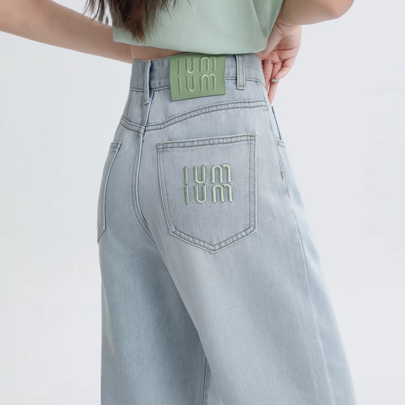 天丝直筒牛仔裤女刺绣高腰