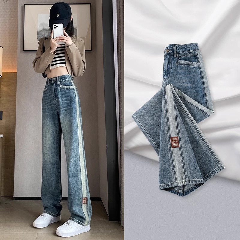 新款撞色阔腿牛仔裤女拼接设计感