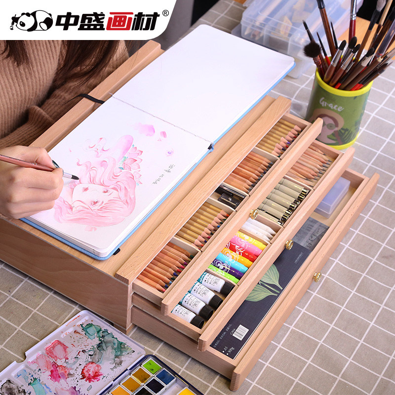 榉木桌面台式抽屉儿童卷纸画架画板套装木制折叠写生水彩油画画箱