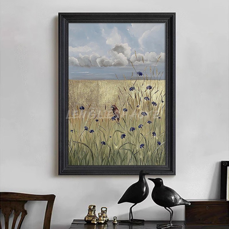 酒店玄关装饰挂画中古风旷野风景纯手绘油画花鸟客厅卧室桌面摆件图片