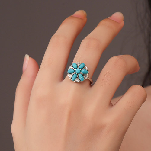 正品天然绿松石花朵旋转戒指女款