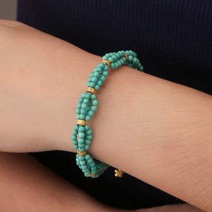 龙丰绿松轩S925银镀18k金正品天然绿松石圆珠编织手链女款高级感