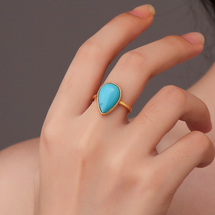 龙丰绿松轩S925银镀18k金正品天然绿松石水滴形戒指女款高级感