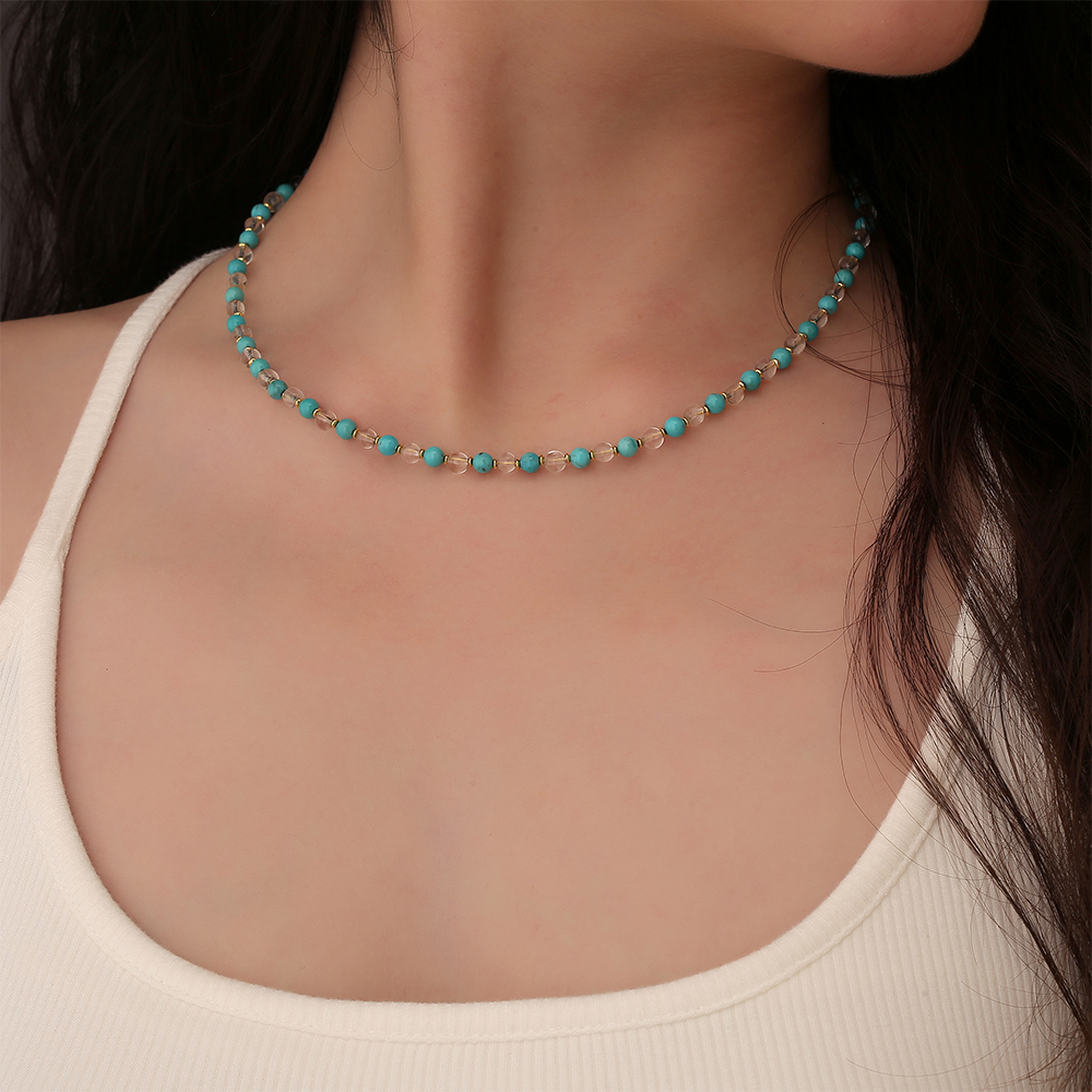 天然绿松石圆珠水晶项链女款高级