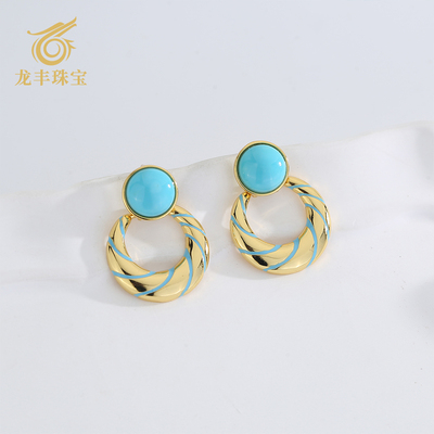 绿松石月亮款圆形耳钉女款高级