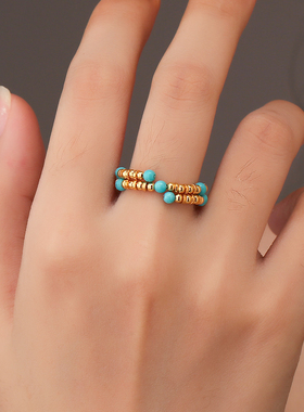 龙丰绿松轩S925银镀18k金正品美松圆珠diy戒圈戒指女款高级感礼物