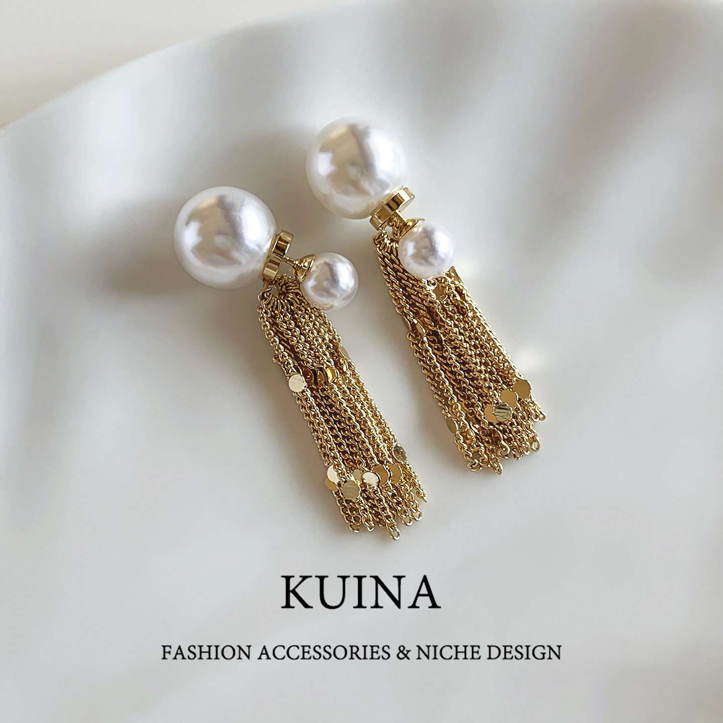 长款金色流苏珍珠耳钉