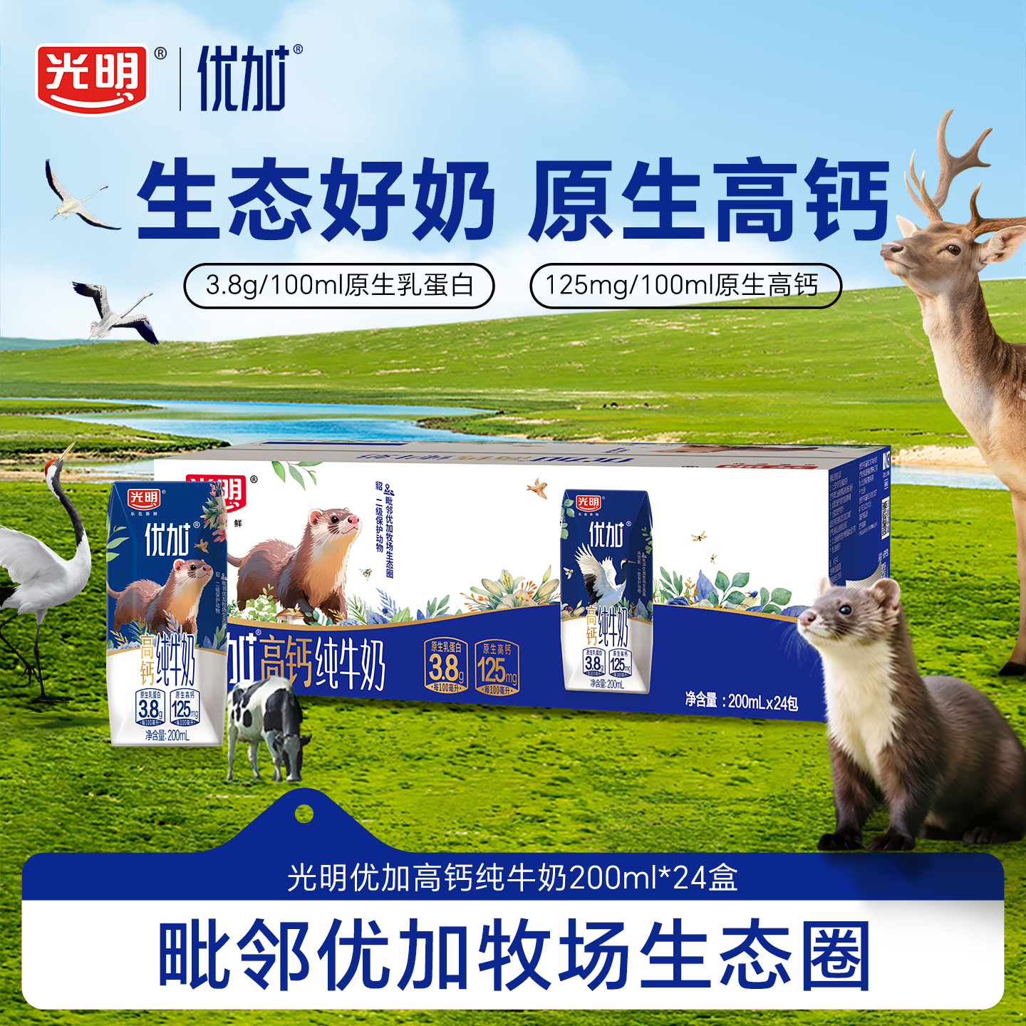 光明优加3.8g原生乳蛋白高钙纯牛奶200ml*24盒整箱早餐奶【5月】