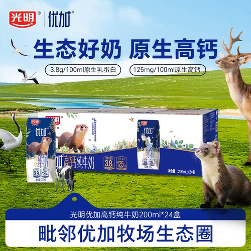 光明优加3.8g原生乳蛋白高钙纯牛奶200ml*24盒整箱早餐奶【7月】