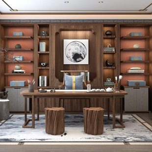 合家北美黑胡桃木书房茶室博古架茶台北欧整体书柜书桌定制家具