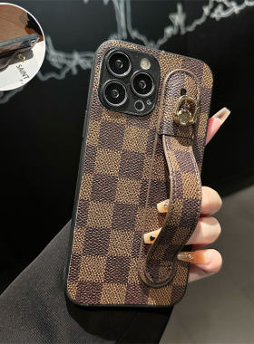 适用苹果16promax手机壳iphone15腕带14plus懒人支架13懒人12菱格纹11复古xs便携XR小众7保护套8P防摔创意