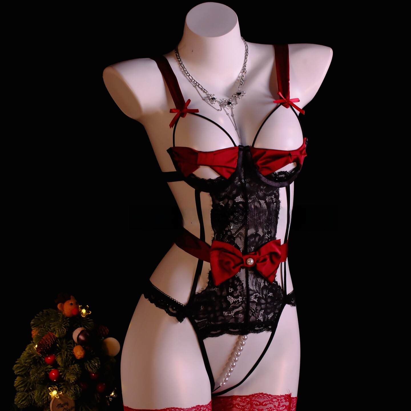 雾岛「珠光蝶影」性感蕾丝纯欲蝴蝶结珍珠链条连体内衣