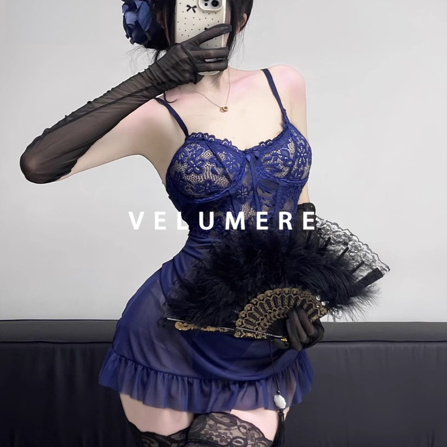 雾岛「蓝蝶仙子」纯欲蕾丝包臀性感小胸吊带睡裙制服套装女,女士内衣/男士内衣/家居服,睡裙,淘宝优惠券,粉丝福利购,淘宝优惠卷