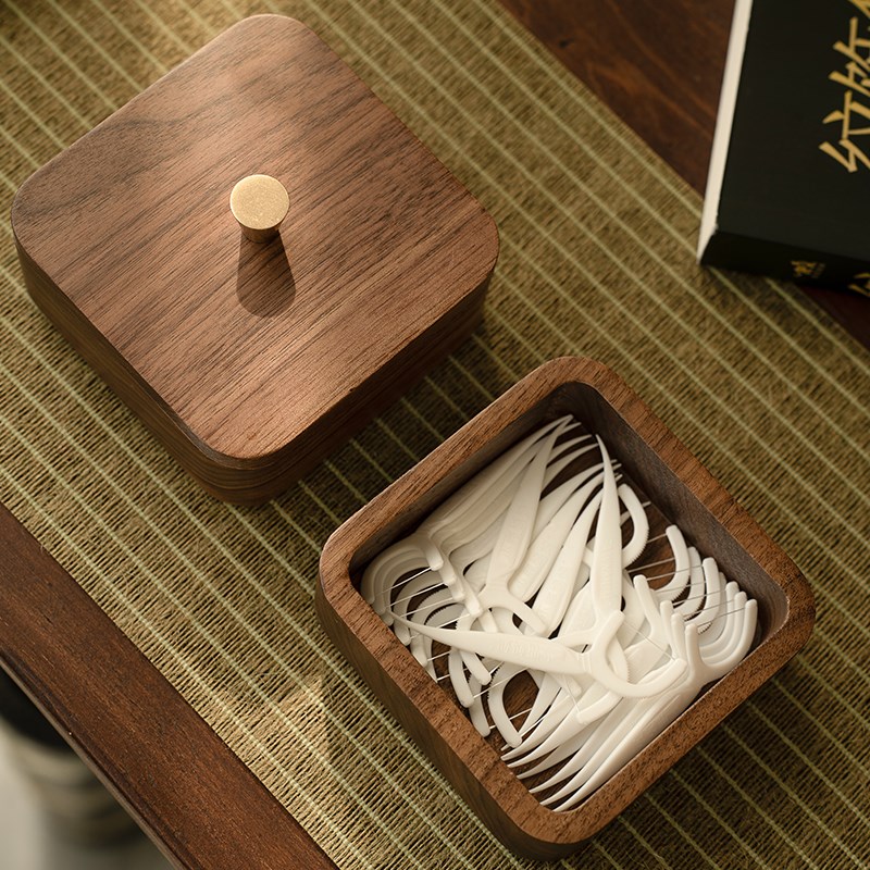 黑胡桃实木牙签牙线收纳盒带盖A棉签盒家用多层木质桌面整理盒小