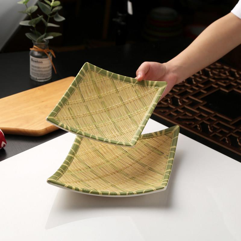 竹编仿瓷密胺盘子创意个性餐具商用烧烤店餐厅专用菜盘托盘凉菜盘