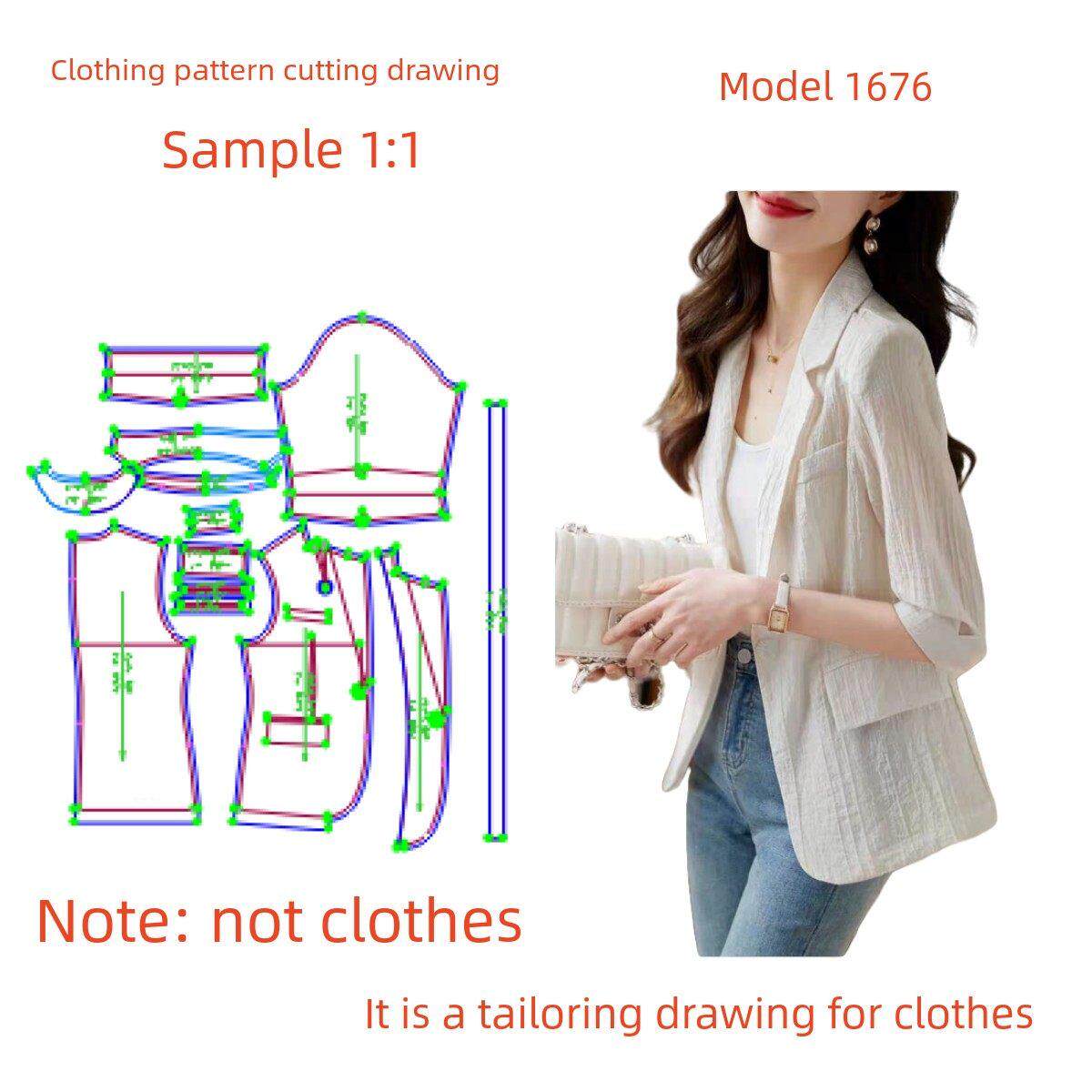 服装纸样裁剪图纸1676款春夏单层天丝棉麻西装外套样板diy1:1制作