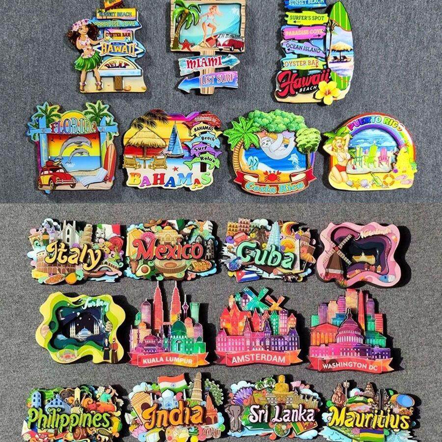 美国菲律宾古巴荷兰马来西亚毛里求斯旅行纪念磁性滴胶木质冰箱贴