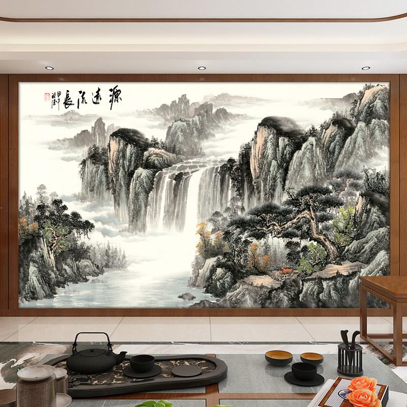 流水生财大型壁画客厅沙发电视背景墙壁纸3d8d浮雕墙布山水风景图