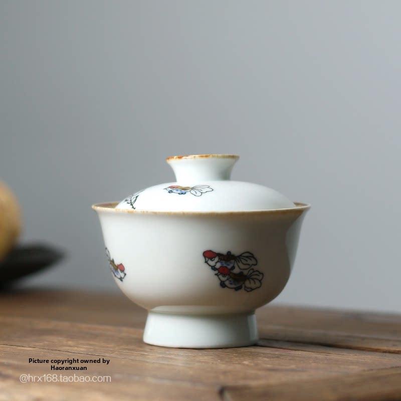 功夫茶具手绘釉里红小金鱼手抓盖碗 复古中式茶具泡茶器泡茶碗