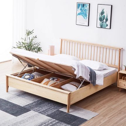 白蜡木高脚实木小户型高箱储物1.8米9温莎竖条1350气压原木免漆床