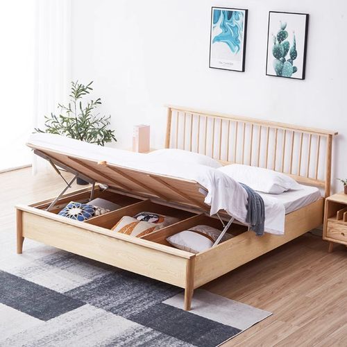 白蜡木高脚实木小户型高箱储物1.8米9温莎竖条1350气压原木免漆床