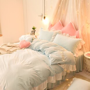 四件套双面珊瑚绒床单荷叶花边被套宿舍色床品 床裙式