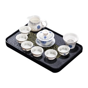 家用青花瓷蜂窝镂空陶瓷功夫茶具泡茶器茶杯盖碗喝茶 玲珑茶具套装