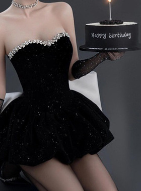 黑色抹胸晚礼服裙女2025新款生日轻奢名媛气质蝴蝶结连衣裙1918