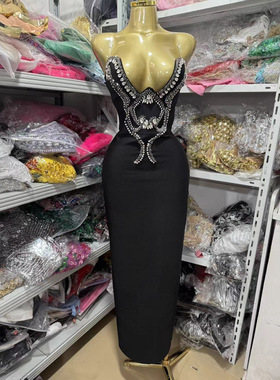 外贸时尚黑色镶钻饰露背抹胸显瘦紧身开叉及地连衣裙聚会礼服
