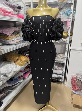 欧美风外贸女士新款黑色性感一字肩开叉晚宴钉珠时尚绷带连衣裙