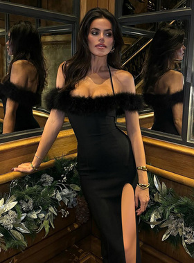 WQ25285PFO欧美包臀晚礼服长裙性感挂脖毛毛无袖气质开叉连衣裙