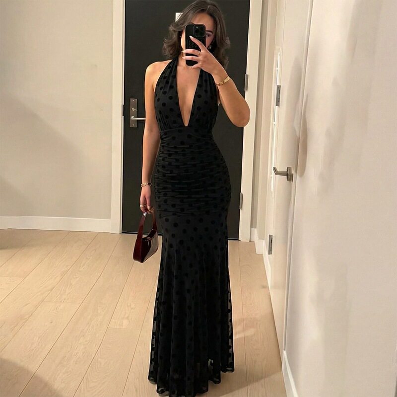 欧美风女装2026春季新品时尚性感深V波点网纱露背系带连衣裙批发