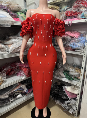 欧美时尚新款性感抹胸褶皱袖镶钻饰紧身长款包臀连衣裙礼服女装