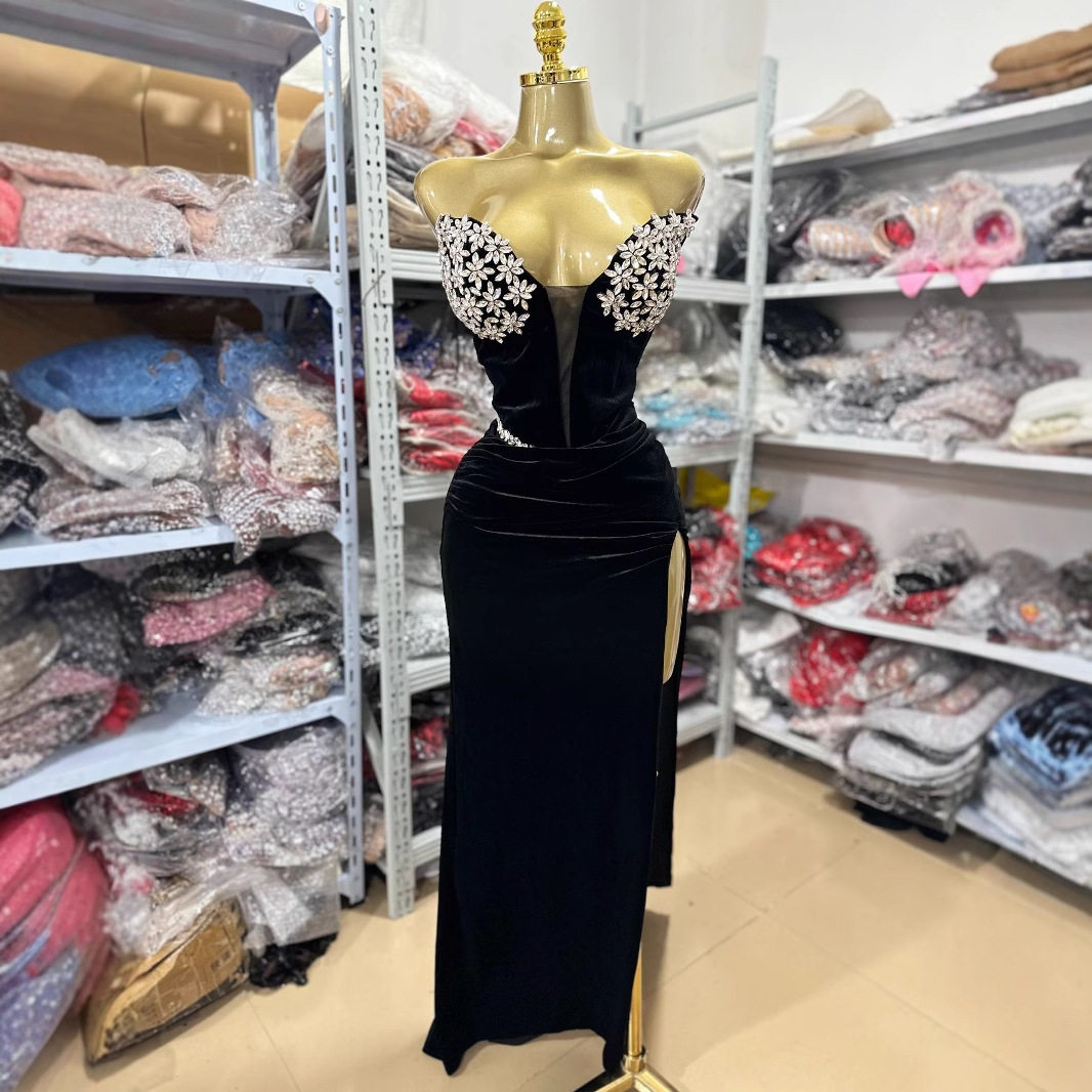 黑色时尚性感丝绒抹胸修身镶钻饰网纱褶皱长款开叉长款连衣裙礼服