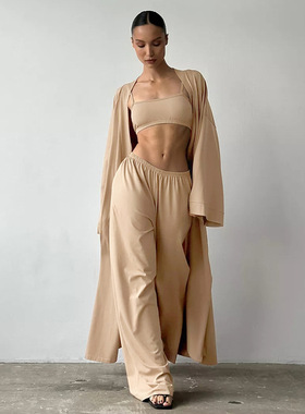 D25ST366欧美女装秋季新款纯色吊带背心长袖长袍阔腿长裤三件