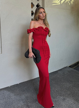 夏季跨境欧美新款女装时尚一字领木耳边拼接系带修身抹胸连衣裙