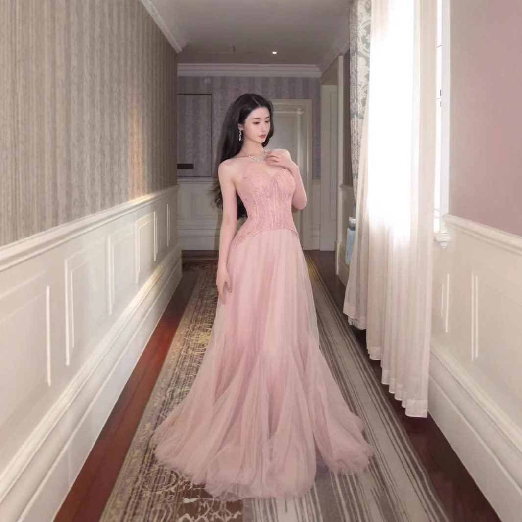 抹胸连衣裙晨袍女新娘订婚晚礼服高端轻奢小众鱼骨海边度假仙女裙