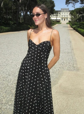 欧美跨境2024秋季女装连衣裙舒适休闲圆点印花细肩吊带派对