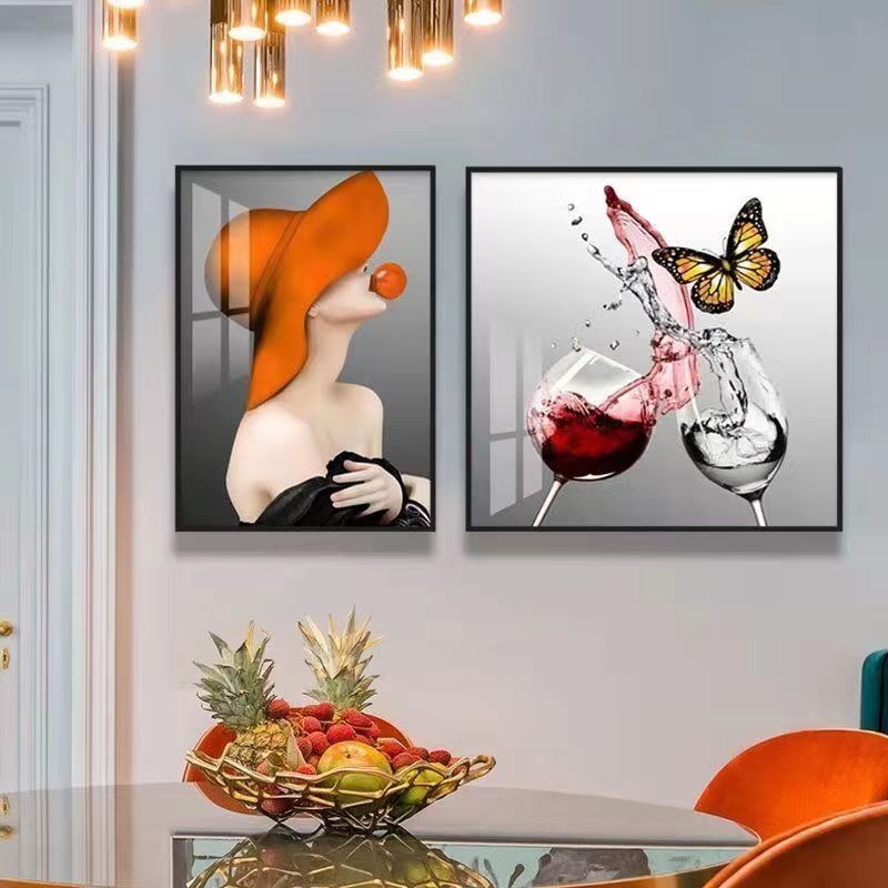 餐厅挂画现代简约饭厅晶瓷有框画墙壁两联双拼镶钻画