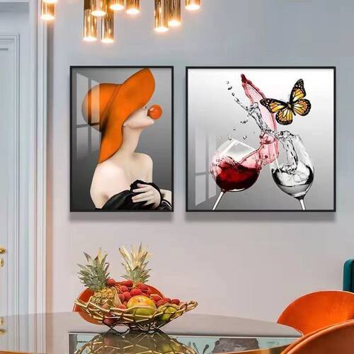 餐厅挂画现代简约饭厅晶瓷有框画墙壁两联双拼镶钻画