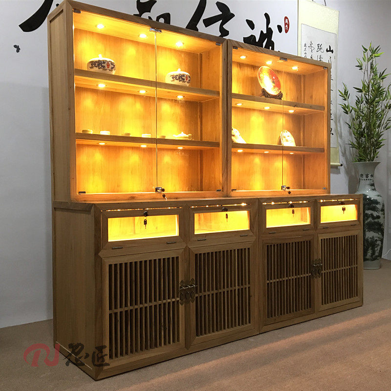 玻璃柜珠宝首饰柜台榆木玉器文玩示架新中式茶叶茶具精品货架