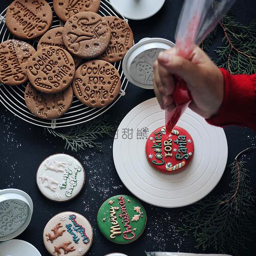圣诞节复古风糖霜夹心饼干模具弹簧按压式祝福语圆形切模