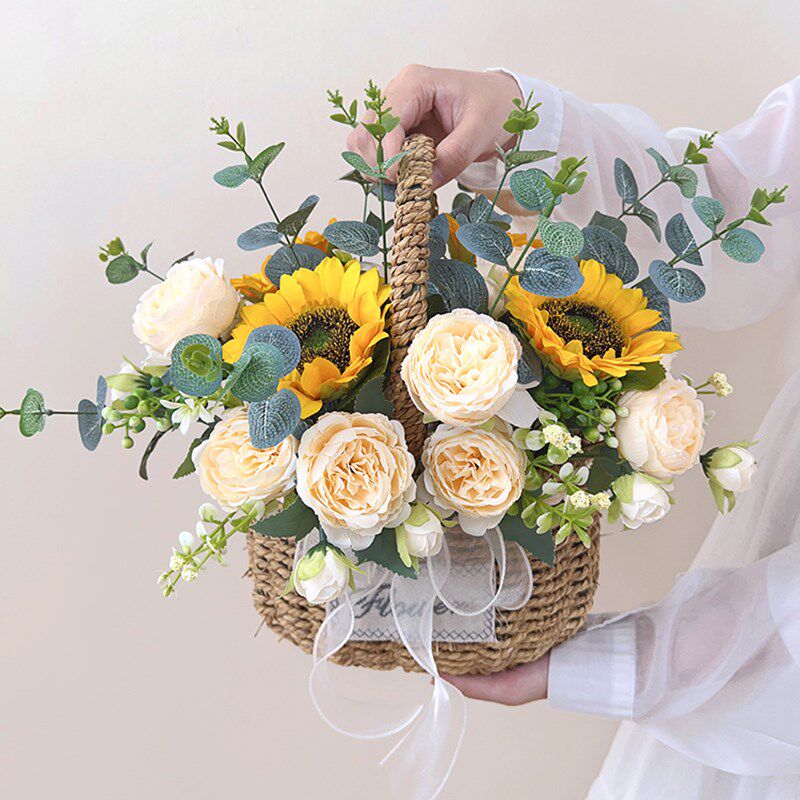 芸雅仿真花向日葵花篮藤编手提篮田园假花花艺