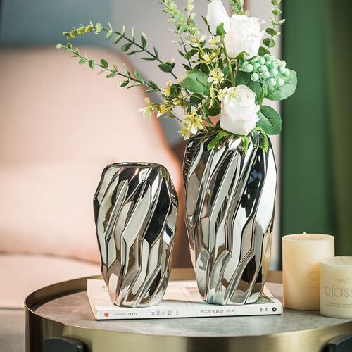 银色几何艺术花瓶陶瓷亮光简约玫瑰花样板房结婚布置装饰