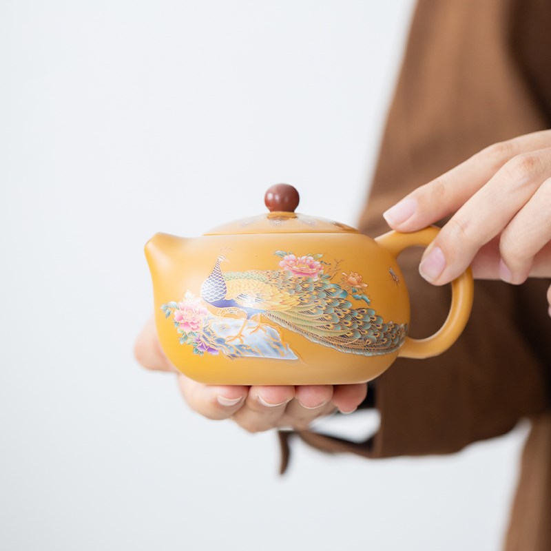 黄金段泥凤鸣西施壶孔雀变色一壶二杯手工泡茶壶