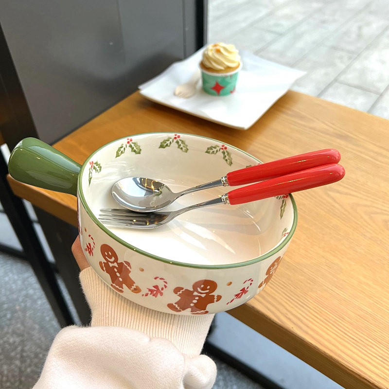 韩式釉下彩沙拉碗微波炉碗 姜饼人红色手柄碗生果沙拉碗