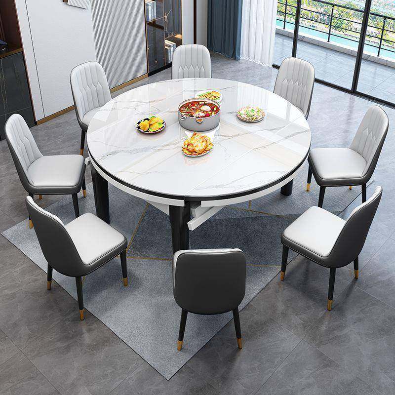 餐桌岩板伸缩圆桌餐桌可变实木折叠轻奢现代简约转盘圆形家用桌椅