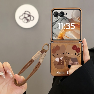 适用于摩托罗拉razr60手机壳新款卡通KT猫秋冬毛绒motorazr60的折叠屏外壳羊巴皮50全包高级感女斜挎带挂绳