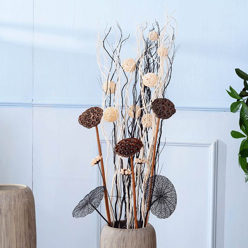 龙柳干花装饰摆件客厅摆设新中式家居装饰插Q花花瓶花束莲蓬真花